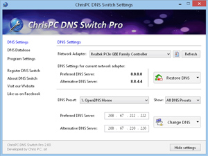 Capture d'ecran du logiciel ChrisPC DNS Switch 4.70